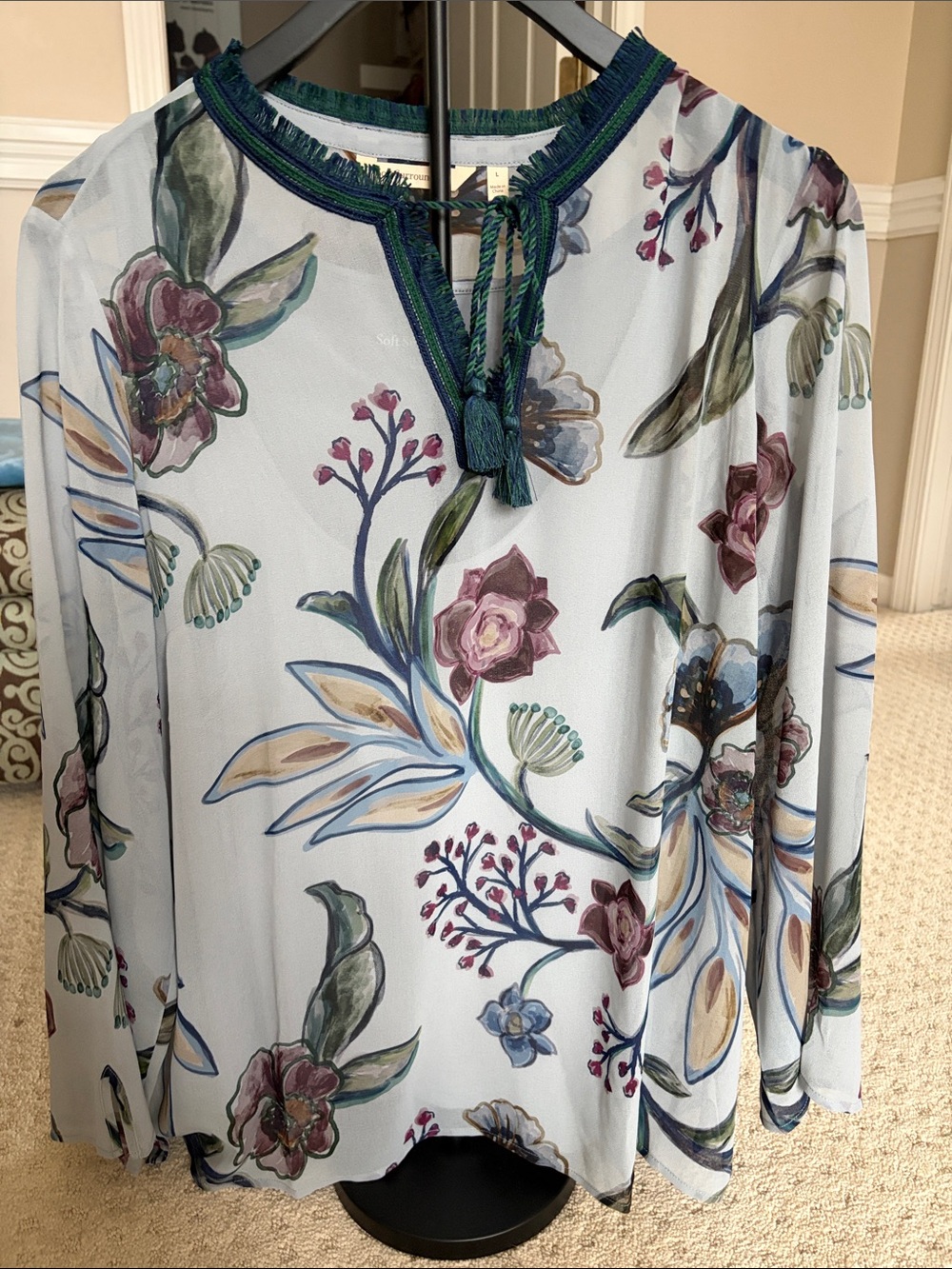 Soft Surroundings Light Blue Floral Tassel Tie Blouse